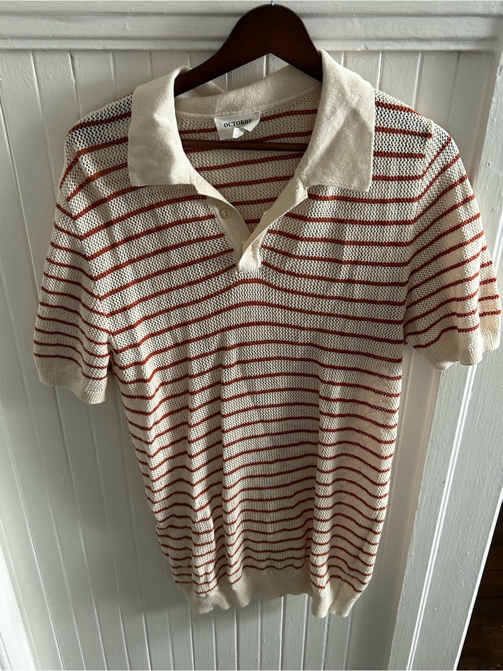 Octobre Editions Striped Cream & Rust Short-Sleeve Knit Polo